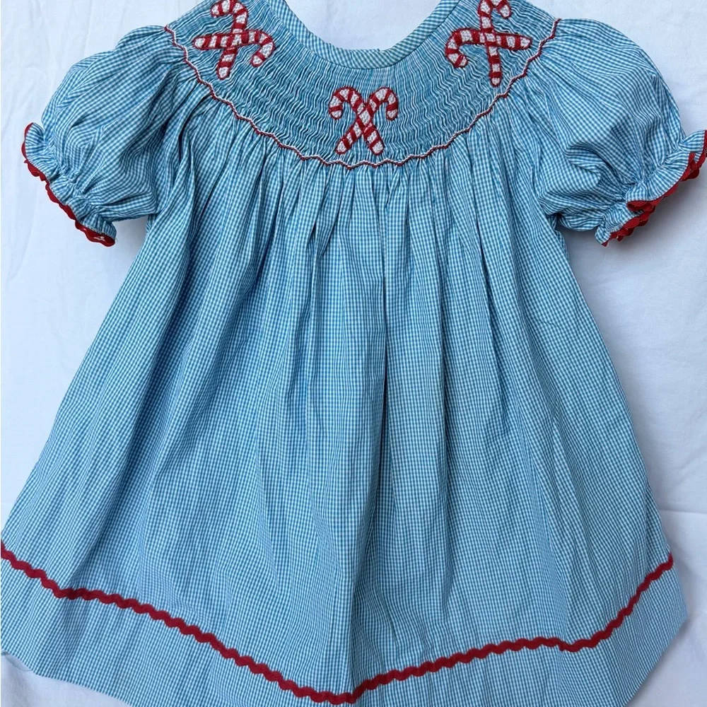 Smock Monkey Baby Top with Blue Gingham Trim - White